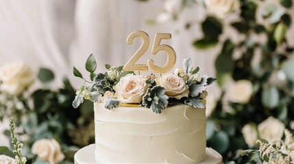 Wall Mural - Elegant wedding cake with leafy decorations and a golden 25 topper at a celebration venue