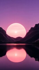 Wall Mural - A large pink sun sets behind mountains, reflecting in a still lake