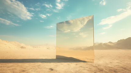 Wall Mural - Generative ai illustration of a rectangular mirror plane in the middle the desert. Mirage. Illustration