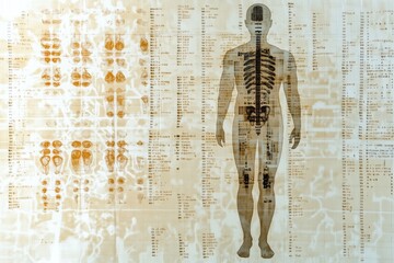 Leinwandbilder - Genetic code symbols intricately overlay a human silhouette, highlighting the connection between genetics and human identity. Generative AI