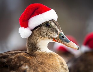 close up of a duck in a santa hat