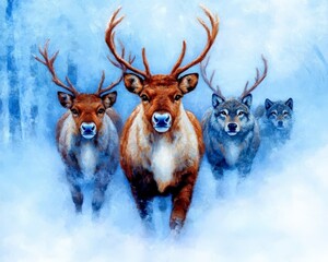 Wall Mural - Three reindeer and two wolves run through a snowy forest, creating a captivating visual.