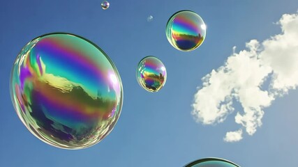 Wall Mural - a large iridescent bubble floats in the sky with a few smaller bubbles and a white cloud