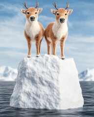 Wall Mural - Two deer stand on a melting iceberg in a blue sky.