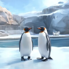 Wall Mural - Two emperor penguins stand on a snowy surface, facing each other, with other penguins in the background.