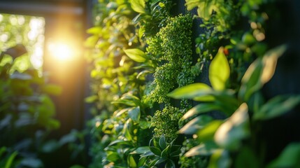 Wall Mural - A beautifully illuminated vertical garden with lush green foliage basking in the warm and golden glow of the setting sun, casting serene shadows