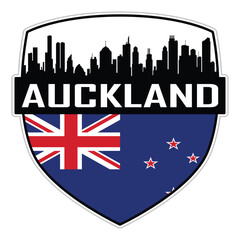 Wall Mural - Auckland New Zealand Flag Skyline Cityscape Silhouette Travel Souvenir Sticker Isolated Vector