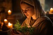 © Maelgoa - Young female healer, medieval peasant, peaceful expression, European, holding herbs, dim candlelit room, evening, medium close-up 2