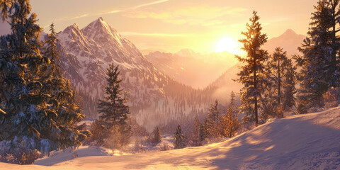 Wall Mural - A beautiful mountain landscape with a sun setting in the background