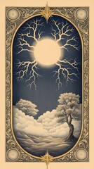 Wall Mural - Ornate Celestial Landscape  Mystical Sun  Trees  Clouds  and Ornate Frame