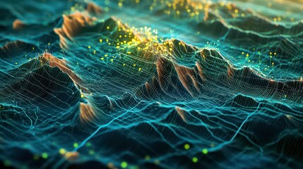 Aufkleber - Abstract 3D rendering of a digital landscape with glowing particles.