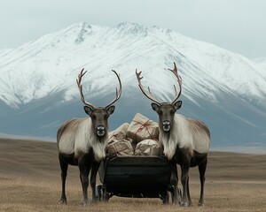 Wall Mural - Two reindeer pulling a cart full of gifts against a backdrop of snowy mountains.