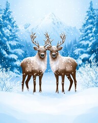 Wall Mural - Two reindeer stand in a snowy forest with a mountain in the background, their antlers touching.