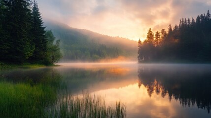 Wall Mural - Misty sunrise over calm lake in . Mystical and serene morning landscape scene. Morning mist. Nature