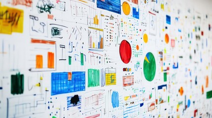 Fototapete - A white wall covered in colorful hand-drawn charts, graphs, and diagrams.