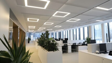 Poster - White square LED down lights are installed in an office interior showcasing the modern design and lighting, featuring suspended white square tiles on high ceilings.