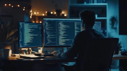 Fototapete - Web design, coding and programming technologies. Programmer working in an office for a software development company.