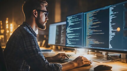 Fototapete - A young programmer working on a project at night, looking concentrated as he types code on a computer.