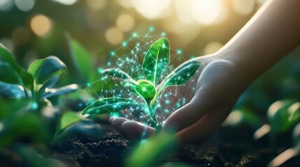 Aufkleber - A hand gently cradles a young green plant, with a glowing digital network surrounding it.
