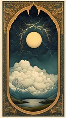 Wall Mural - Moonlit Mountain Lake  Dramatic Sky  Ornate Frame