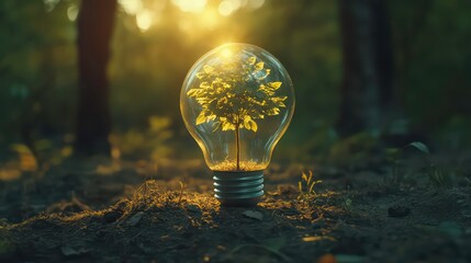 Aufkleber - Tree growing in light bulb with sunshine in nature. Saving energy and eco concept. Earth hour.
