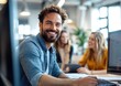 © Polska - Group of business people and software developers working as a team in office.Smiling young man in office blurred coworkers.