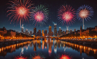 Poster - City with a river and fireworks in the sky