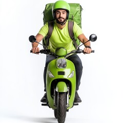 Young man of Middle Eastern descent on a green scooter with a backpack, ready for delivery.