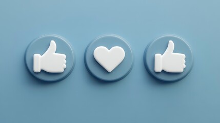 Leinwandbilder - Three social media icons, a thumbs up, a heart, and a thumbs up, on a blue background.