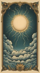 Wall Mural - Celestial Sun  Ornate Frame  Clouds  Mystical Art  Vintage Design