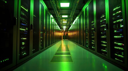 Poster - A long hallway inside a server room with rows of servers on both sides, lit with green lights.