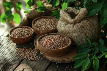 Poster - Bowls filled with lentils, beans, and chickpeas rest on a rustic wooden table, surrounded by lush greenery and a burlap sack. Generative AI