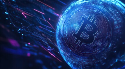 Poster - A 3D rendering of a glowing bitcoin symbol, a popular cryptocurrency, surrounded by digital lines on a dark background.