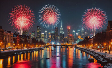 Poster - City with a river and fireworks in the sky