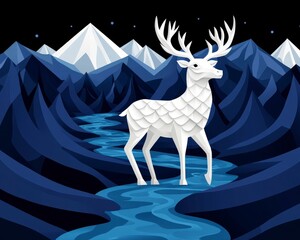 Wall Mural - White deer standing in a river with mountains in the background.