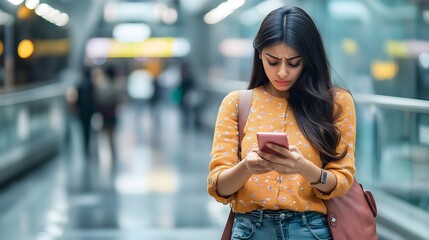 Wall Mural - Young hoping Indian Arabian woman businesswoman lady female tourist looking at mobile phone worried stressed upset frustrated girl smartphone mistake error in city problem job failure loss bad news