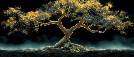 Wall Mural - tree with golden leaves is lit up in the dark. the tree is surrounded by a dark background
