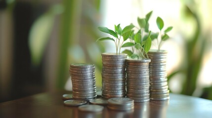 Aufkleber - A stack of coins with green plant sprouts growing from the top, representing financial growth and sustainability.