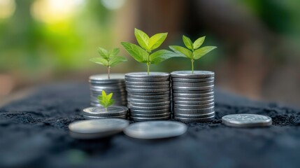 Aufkleber - Stack of silver coins with green growing plants, representing financial growth, business, investment, stock growth, passive income, increasing money over time.