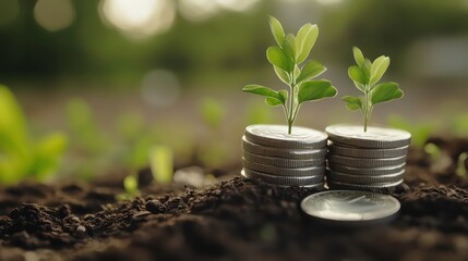 Aufkleber - Stack of silver coins with green growing plants, representing financial growth, business, investment, stock growth, passive income, increasing money over time.