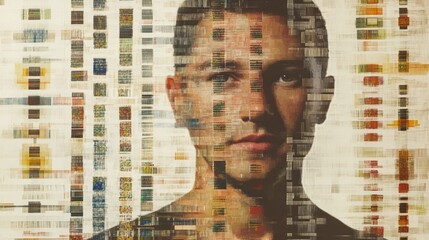 Poster - A human silhouette merges with intricate DNA symbols, illustrating the complex relationship between genetics and identity. Generative AI