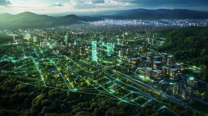 Aufkleber - Aerial view of a futuristic smart city with glowing lines connecting buildings and infrastructure, surrounded by lush green forests and mountains.