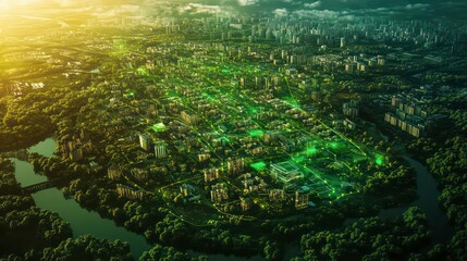 Poster - Sprawling green community with Digital smart city infrastructure and rapid data network. Digital city, smart society, smart homes, digital community. DX, IOT, digital network concept