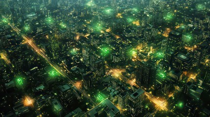 Poster - Aerial view of a city at night with glowing green dots representing data flow and connectivity.
