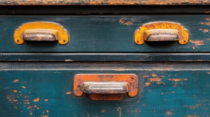 Canvas Print - Vintage Wooden Drawer Fronts with Rustic Metal Handles Showcasing Patina and Wear, Perfect for Home Decor and Antique Furnishing Inspiration