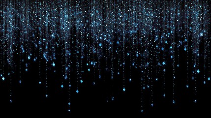 Poster - Shiny blue glitter rain draping down on black background, sparkling particles celebration background, for party, poster, greeting card, Christmas and award event.