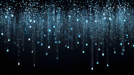 Poster - Shiny blue glitter rain draping down on black background, sparkling particles celebration background, for party, poster, greeting card, Christmas and award event.