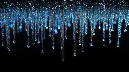 Poster - Shiny blue glitter rain draping down on black background, sparkling particles celebration background, for party, poster, greeting card, Christmas and award event.