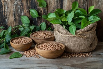 Poster - Wooden bowls and a burlap sack hold lentils, beans, and chickpeas, adding a rustic charm to the table with fresh leaves nearby. Generative AI