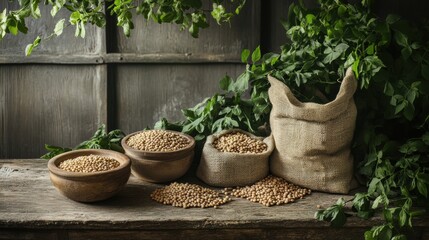 Poster - Bowls and burlap sacks overflowing with lentils, beans, and chickpeas sit on a rustic wooden table surrounded by greenery. Generative AI